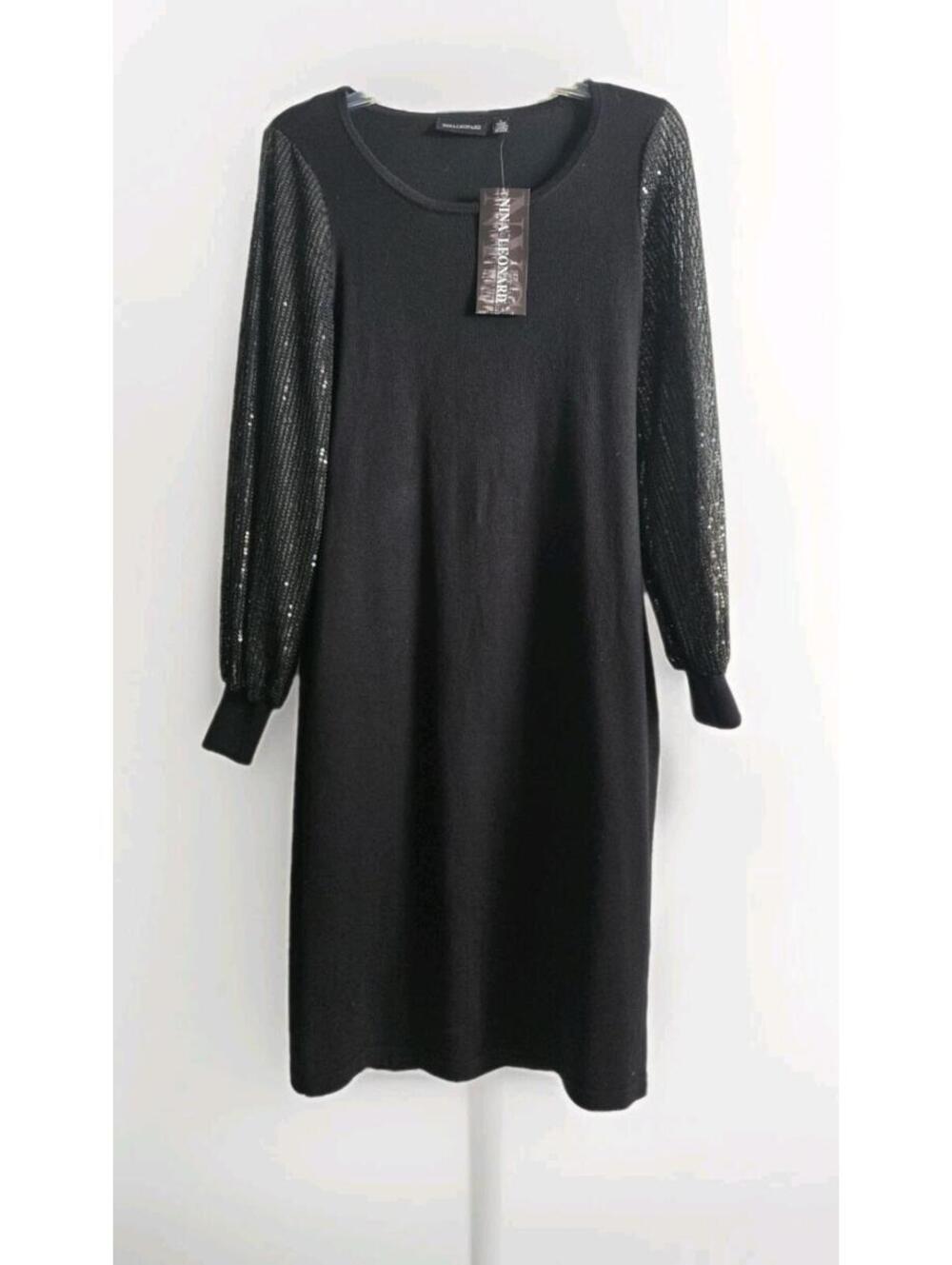 Nina Leonard Women's S Sequin Sleeves Sweater Dress Black NEW